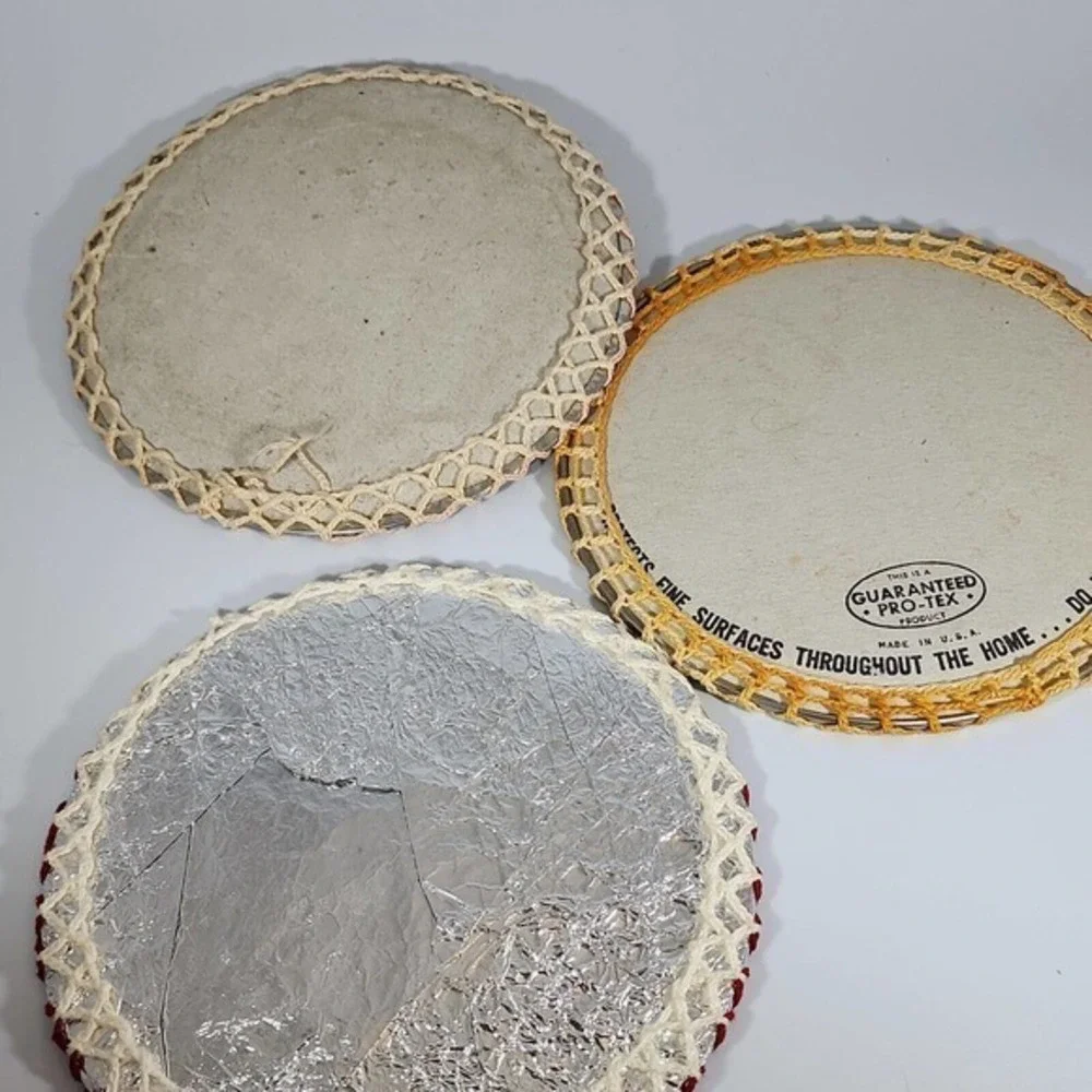 ThreeVTG 1950’s Cardboard-backed Silver Foil Trivets w/Matching Crocheted Covers